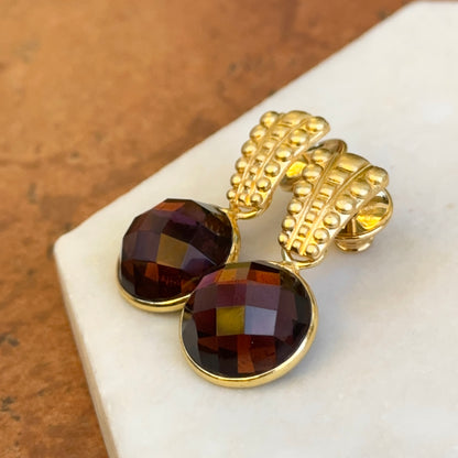 Yellow Gold-Plated Bubbled Post Drop Earrings + Red Round Checkerboard Gemstones