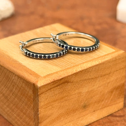10KT White Gold Round Blue Sapphires Prong-Set Snap Back Hoop Earrings