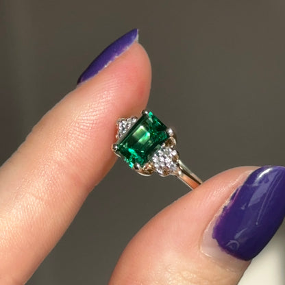 Estate 10KT Yellow Gold Emerald-Cut Lab Created Emerald + Round Diamond Ring - LSJ