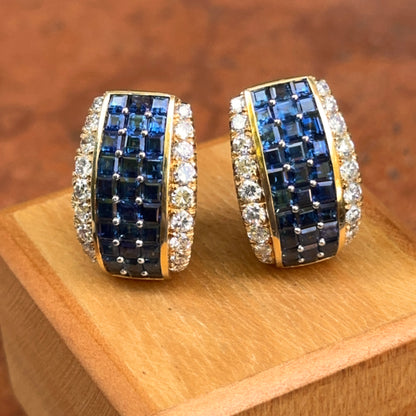 Estate 18KT Yellow Gold Square Sapphire + Round Diamond Clip-On Earrings
