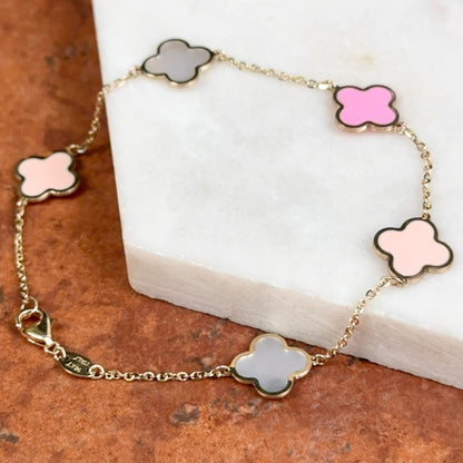 14KT Yellow Gold Pink Enamel + Mother of Pearl Clover Station Chain Bracelet