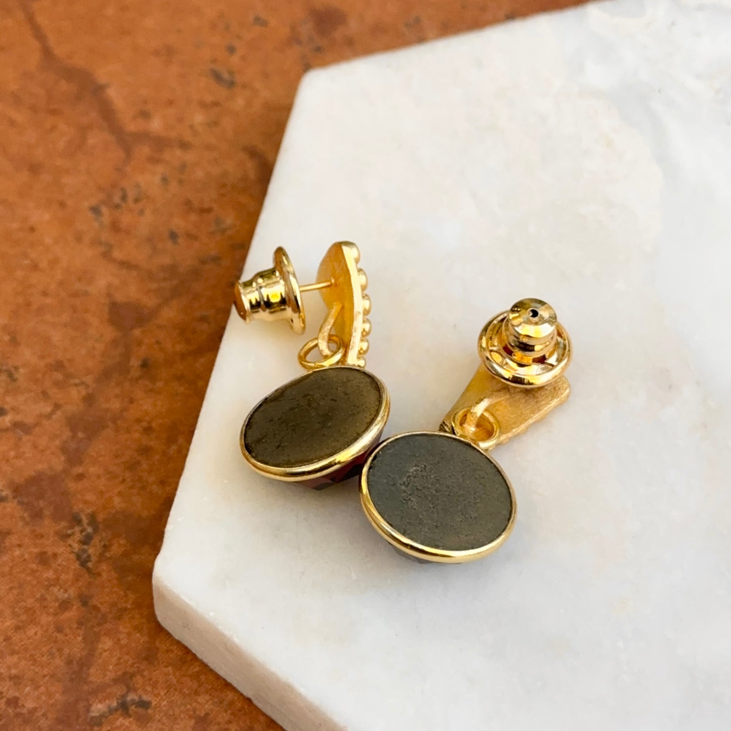 Yellow Gold-Plated Bubbled Post Drop Earrings + Red Round Checkerboard Gemstones
