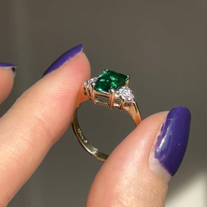 Estate 10KT Yellow Gold Emerald-Cut Lab Created Emerald + Round Diamond Ring - LSJ
