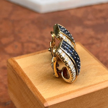 Estate 18KT Yellow Gold Square Sapphire + Round Diamond Clip-On Earrings