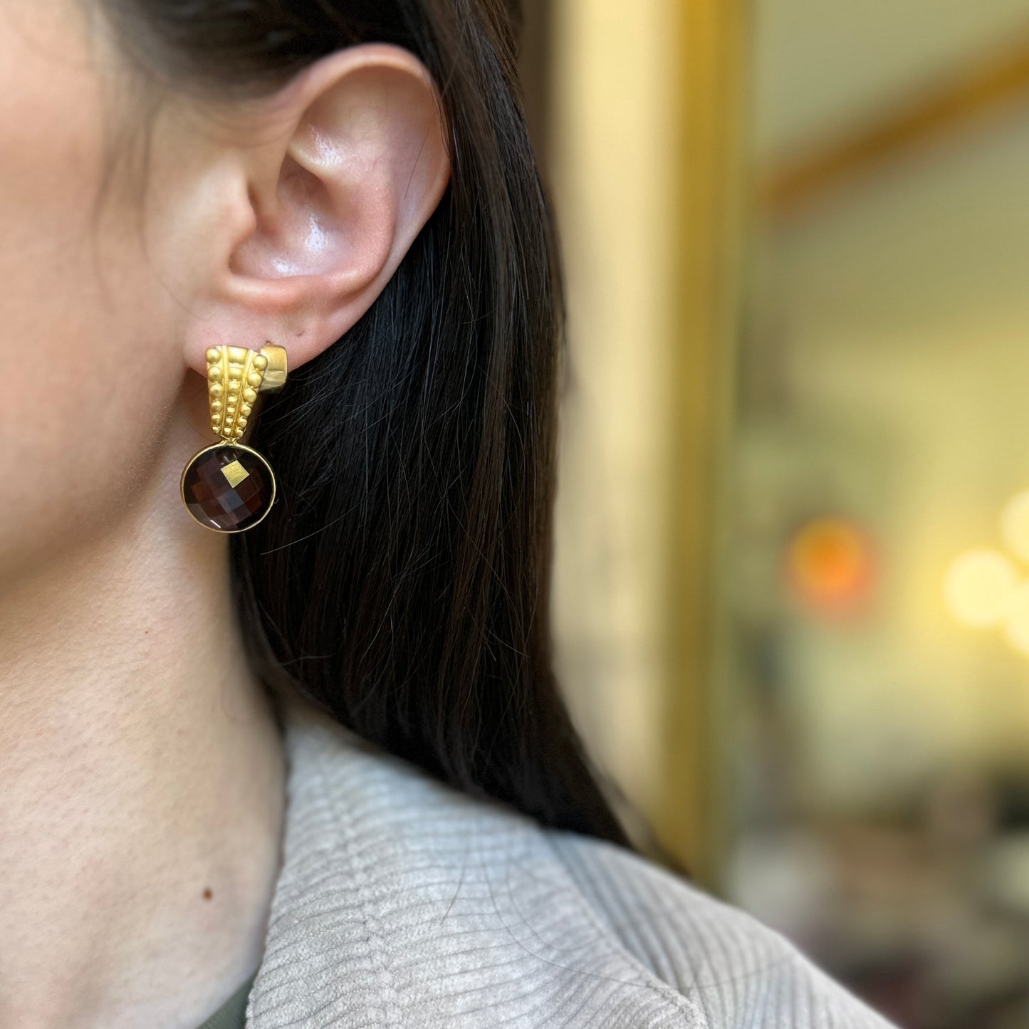Yellow Gold-Plated Bubbled Post Drop Earrings + Red Round Checkerboard Gemstones