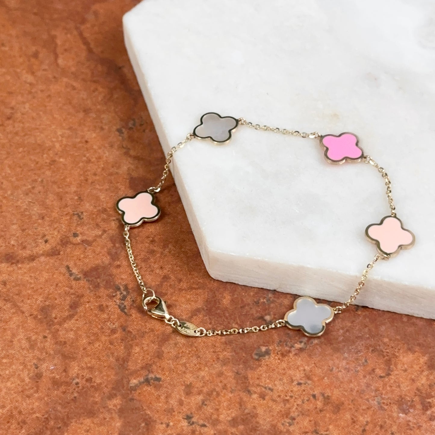 14KT Yellow Gold Pink Enamel + Mother of Pearl Clover Station Chain Bracelet