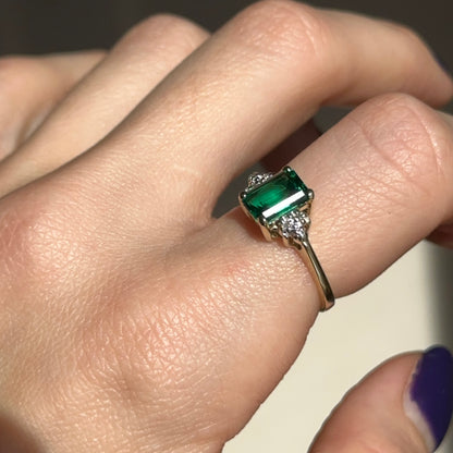Estate 10KT Yellow Gold Emerald-Cut Lab Created Emerald + Round Diamond Ring - LSJ