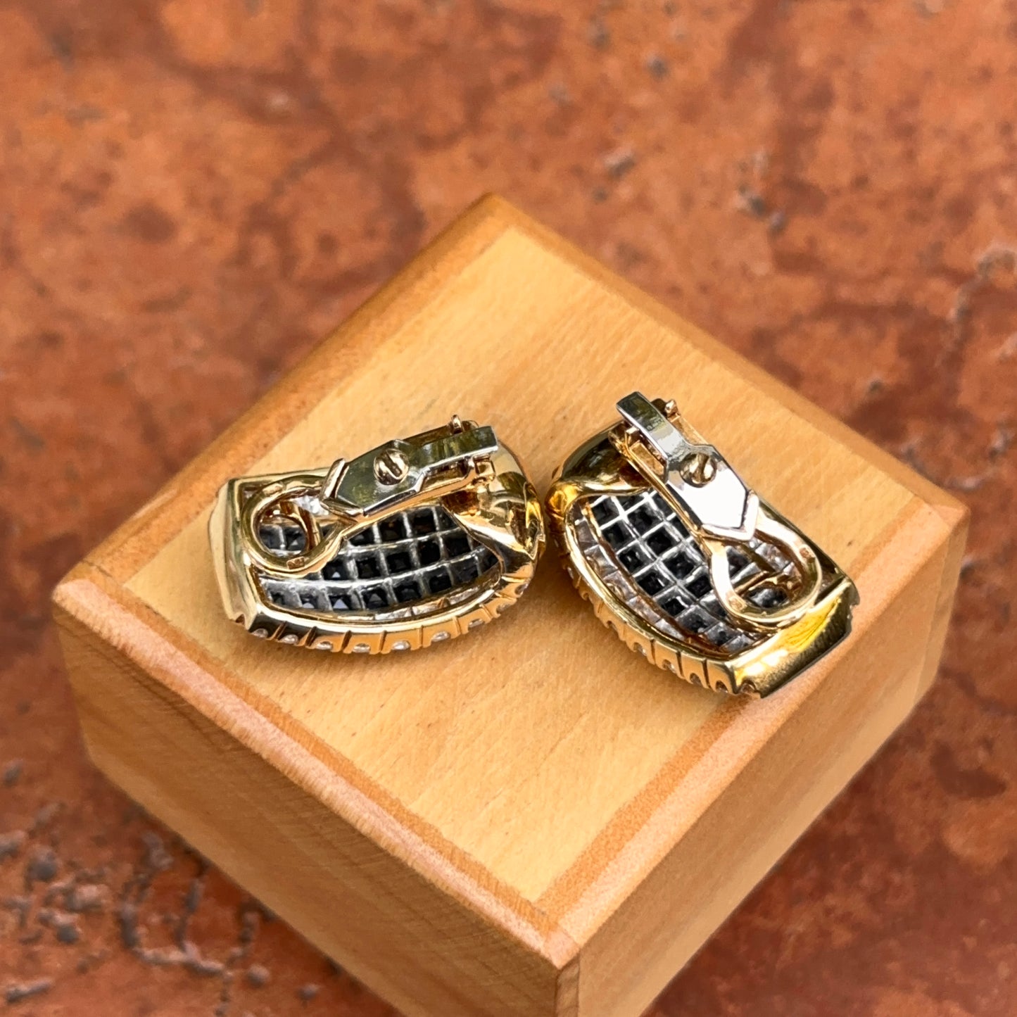 Estate 18KT Yellow Gold Square Sapphire + Round Diamond Clip-On Earrings