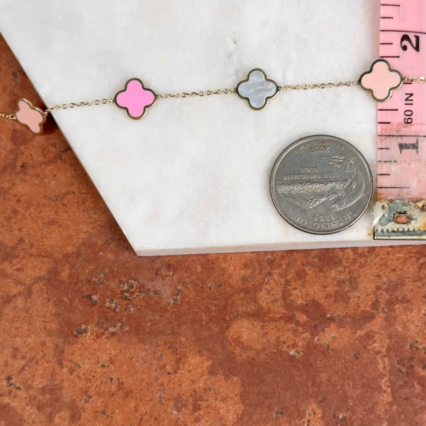 14KT Yellow Gold Pink Enamel + Mother of Pearl Clover Station Chain Bracelet