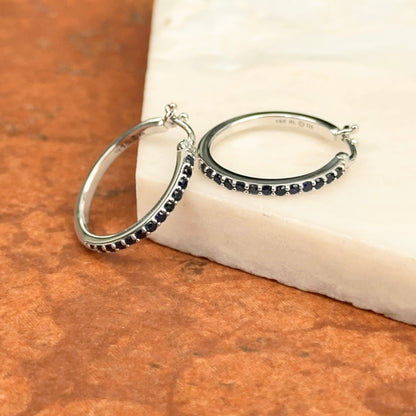 10KT White Gold Round Blue Sapphires Prong-Set Snap Back Hoop Earrings