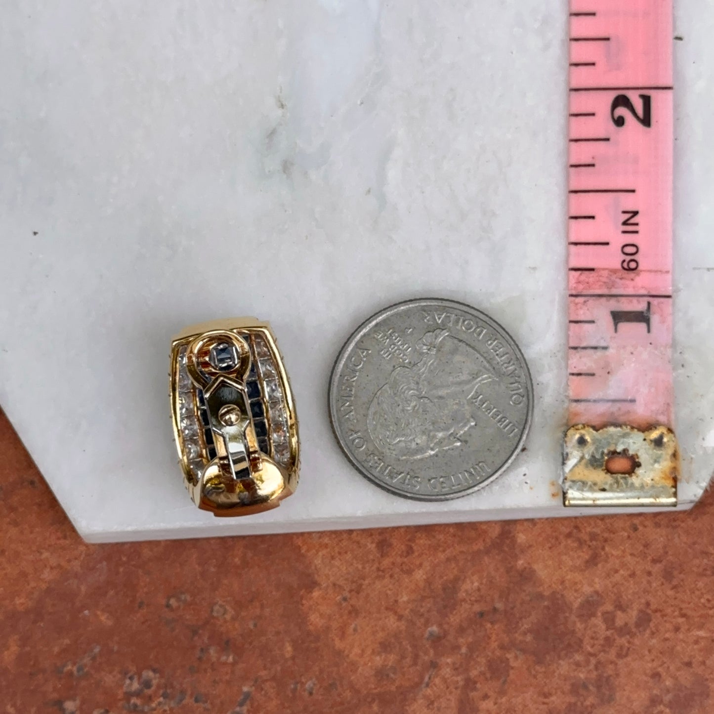 Estate 18KT Yellow Gold Square Sapphire + Round Diamond Clip-On Earrings