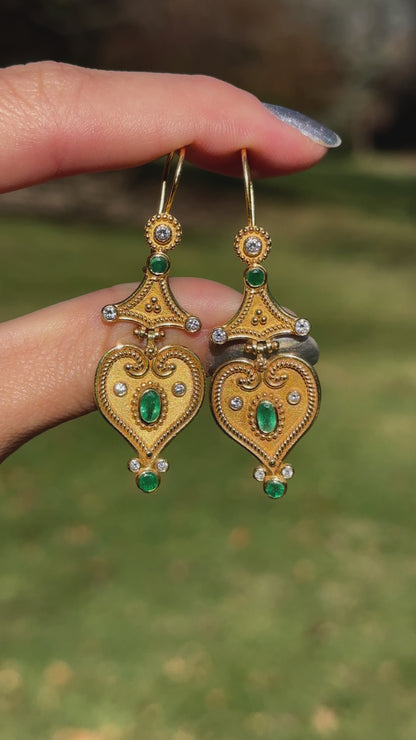 Estate 18KT Yellow Gold Byzantine Emerald + Diamond Dangle Earrings