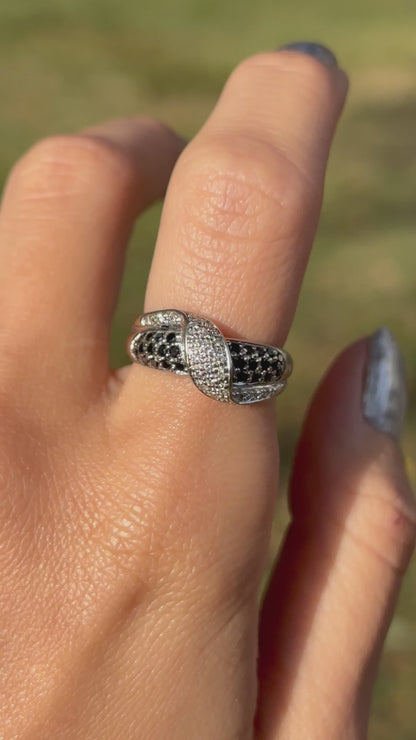 Estate 14KT White Gold Pave Black + White Diamond Cigar Band Ring