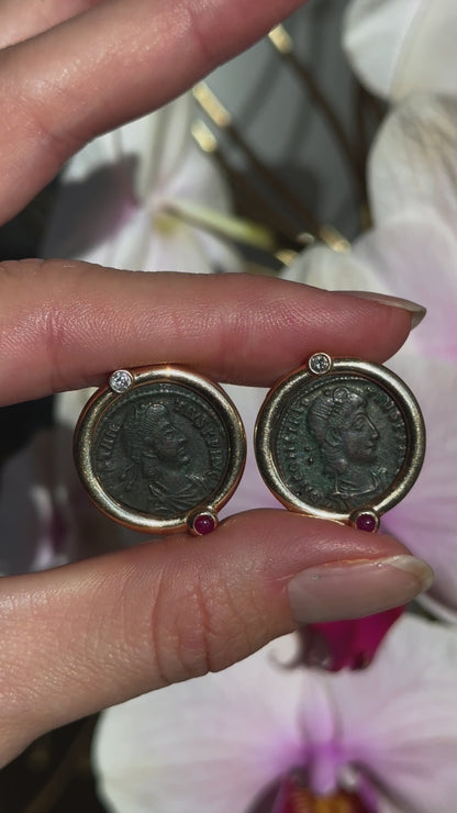 Estate 14KT Yellow Gold Etruscan Roman Coin Ruby + Diamond Omega Back Earrings