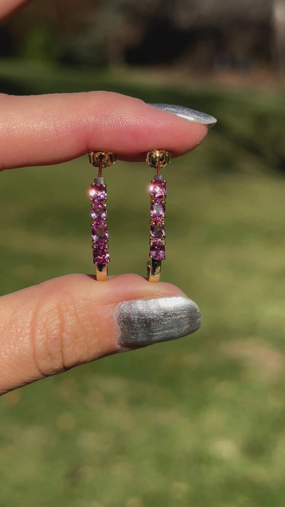 Estate 14KT Yellow Gold Pink Tourmaline J Hoop Earrings