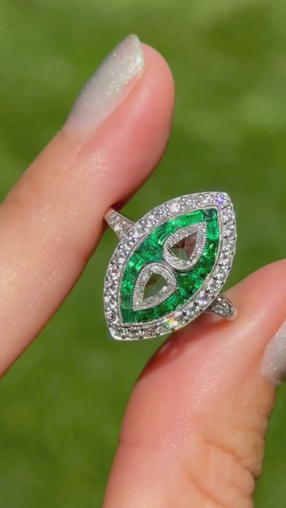 Platinum Art Deco Rose-Cut Pear Diamond + Square Emerald Ring