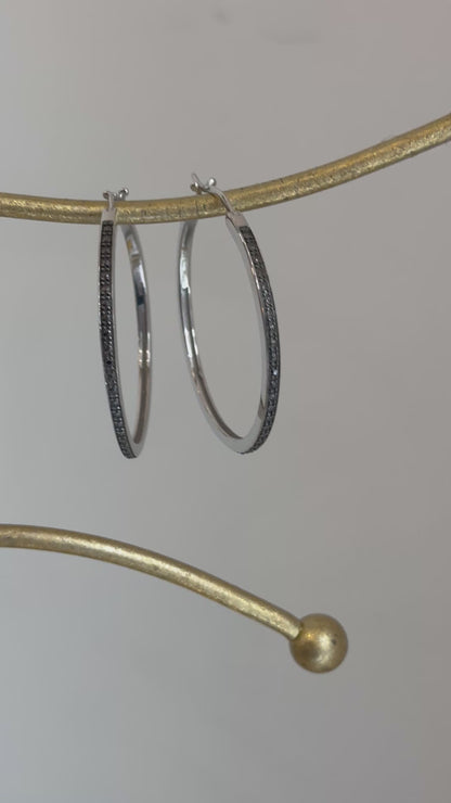 Sterling Silver Black Diamond Hoop Earrings 40mm