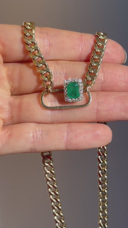 Estate 14KT Yellow Gold Emerald-Cut Emerald + Diamond Curb Chain Necklace