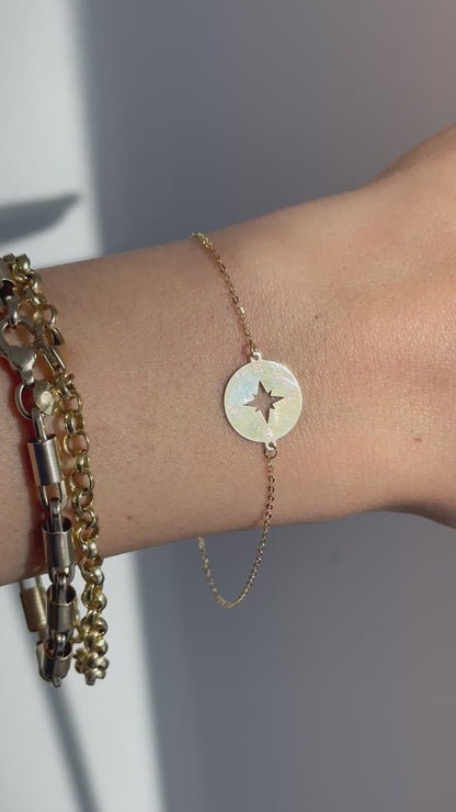 14KT Yellow Gold North Star Compass Disc Charm Bracelet