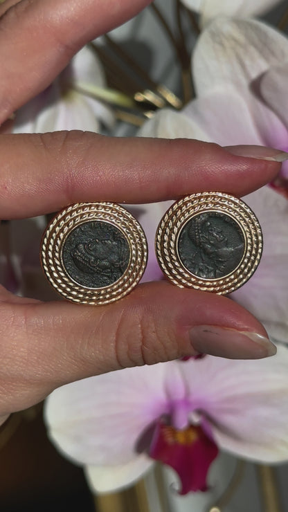 Estate 14KT Yellow Gold Rope Twist Etruscan Roman Coin Omega Earrings