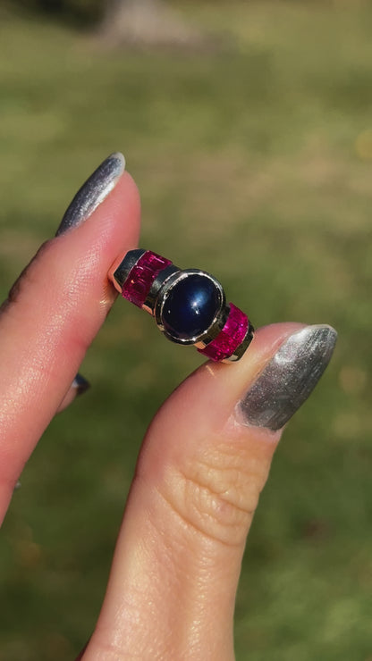 Estate 14KT Yellow Gold Cabochon Blue Sapphire + Ruby Ring