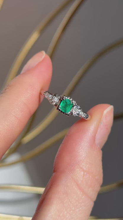 Vintage 18K White Gold Emerald + Diamond Ring