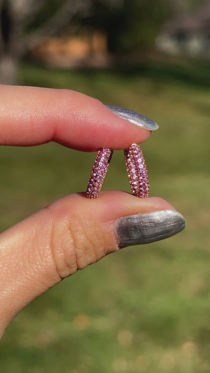 Estate 18KT Yellow Gold Pave Pink Sapphire Huggie Hoop Earrings