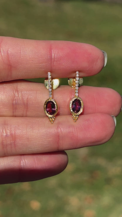 Estate 14KT Yellow Gold Bezel Pink Tourmaline + Diamond Earrings