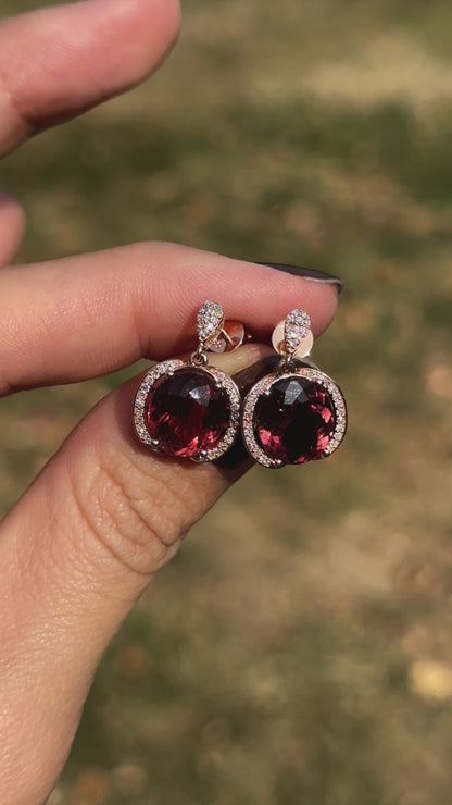 Estate 14KT Rose Gold Pink Tourmaline + Diamond Earrings