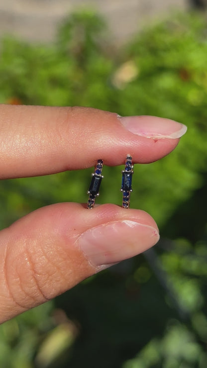 10KT Yellow Gold Lab Blue Sapphire Huggie Hoop Earrings