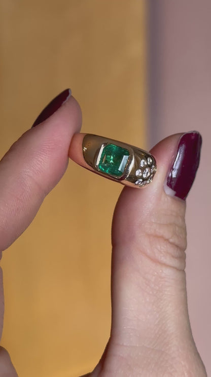 Estate 18KT Yellow Gold Emerald-Cut Emerald + Bezel Diamond Ring