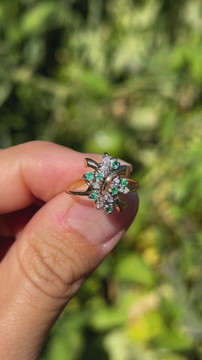 Estate 14KT Yellow Gold Mid-Century Emerald + Diamond Cluster Ring