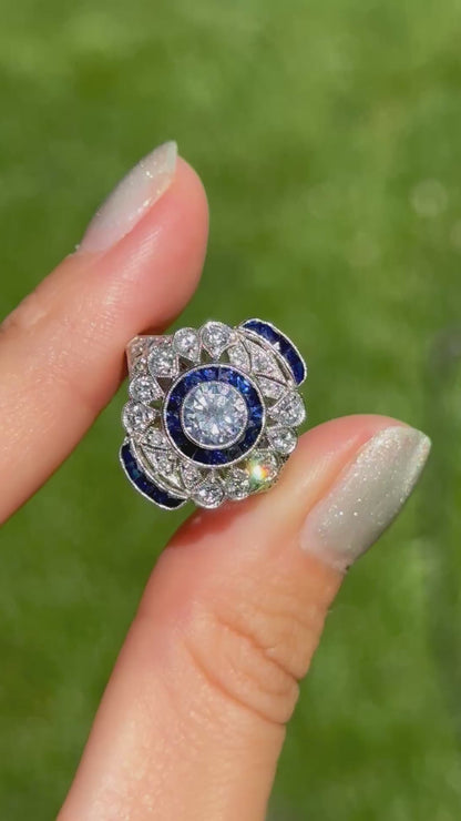 Platinum Art Deco Round Diamond + Blue Sapphire Ring