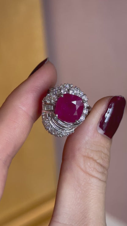 Estate Platinum Cushion Ruby + Diamond Cluster Ring