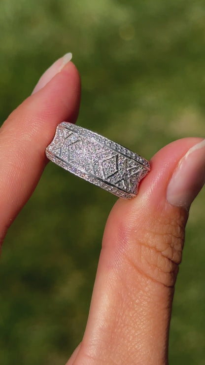 Concave 14KT White Gold + Patterned Pave Diamond Cigar Band Ring