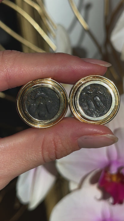 Estate 14KT Yellow Gold Bronze Roman Coin Double Bezel Omega Earrings