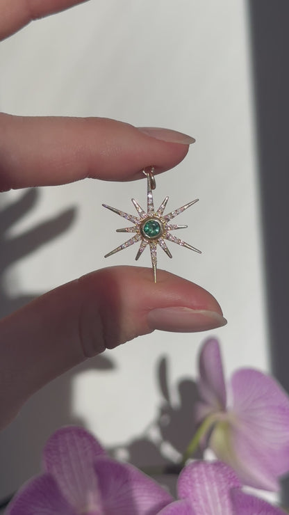 14KT Yellow Gold Emerald + Diamond Starburst Pendant