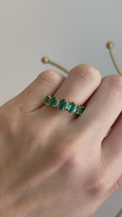 18KT Yellow Gold Oval Emerald + Diamond Half-Eternity Band Ring