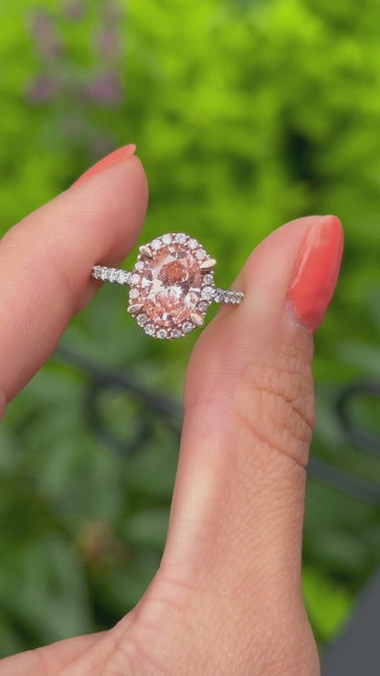 Estate 14KT Rose Gold Pink Oval 2 Carat Diamond Halo Ring