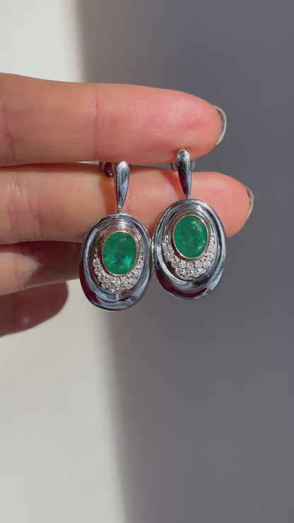 Estate 14KT White Gold Oval Emerald + Diamond Drop Earrings