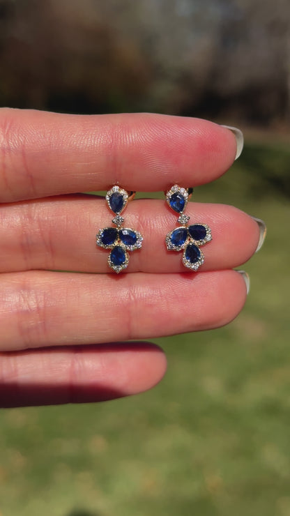 Estate 14KT Yellow Gold Pear Blue Sapphire + Diamond Earrings