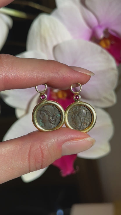 Estate 18KT Yellow Gold Ruby + Roman Coin Earring Charms