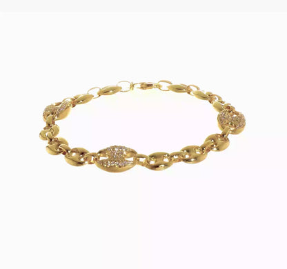 18KT Yellow Golf Puffed Pave Diamond Anchor Mariner Chain Bracelet