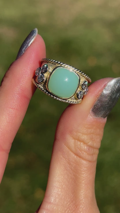 Estate 14KT Yellow Gold Byzantine Cabochon Aquamarine + Diamond Ring