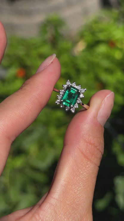 Estate 14KT White Gold Lab Emerald-Cut Emerald + Diamond Halo Ring