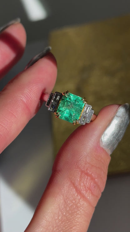 Estate 18KT White + Yellow Gold Emerald-Cut Emerald + Diamond Ring