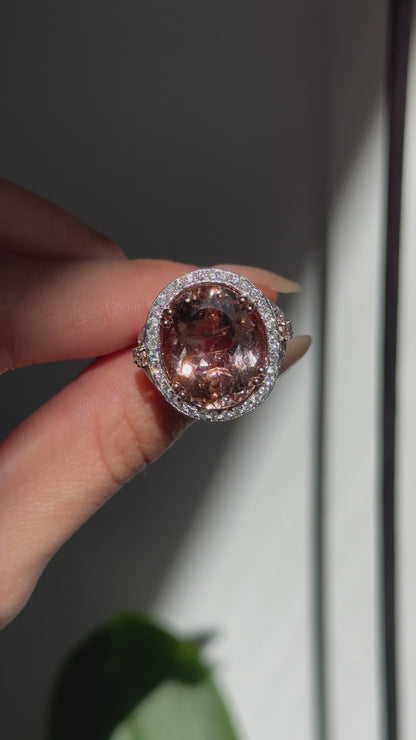 Estate 14KT White Gold 12 CT Oval Morganite + Halo Diamond Ring