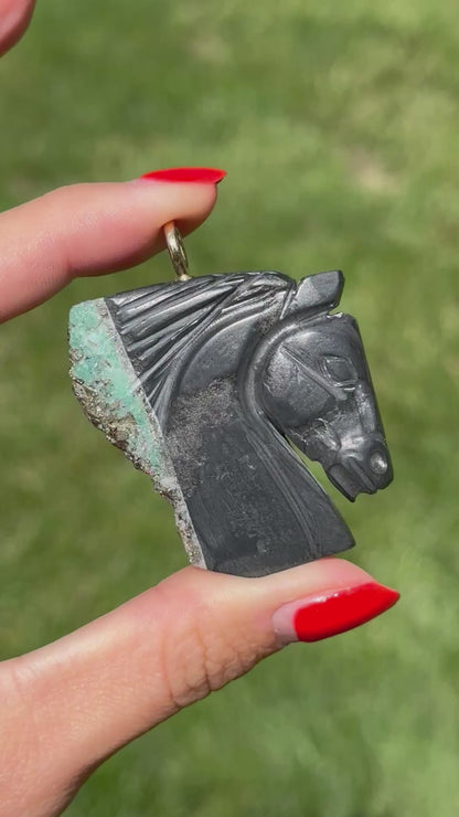 14KT Yellow Gold Carved Rough-Cut Emerald Horse Head Pendant