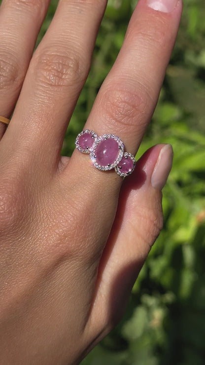 10KT Yellow Gold Cabochon Pink Sapphire + Diamond Halo Ring