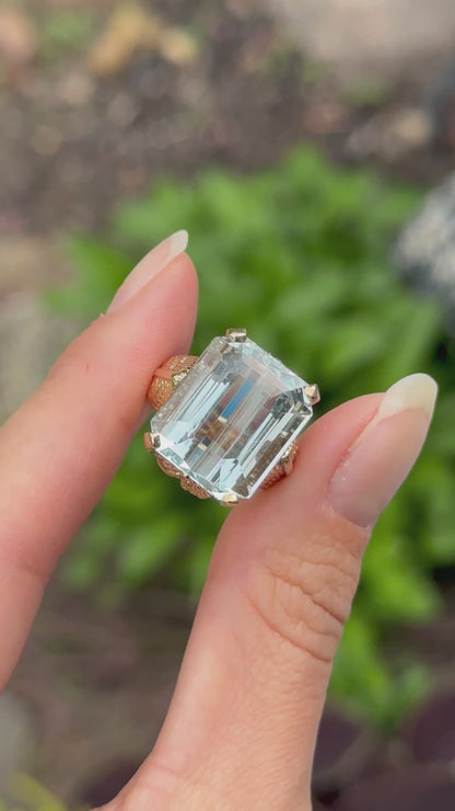Estate Mid Century 14KT Yellow Gold Emerald-Cut Aquamarine Ring